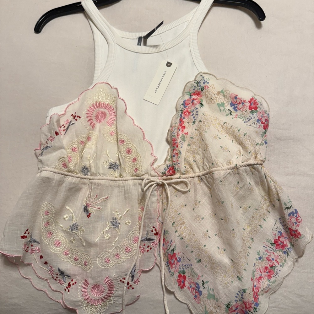 Anthropologie Floral Embroidered Camisole in Cream and Pink
